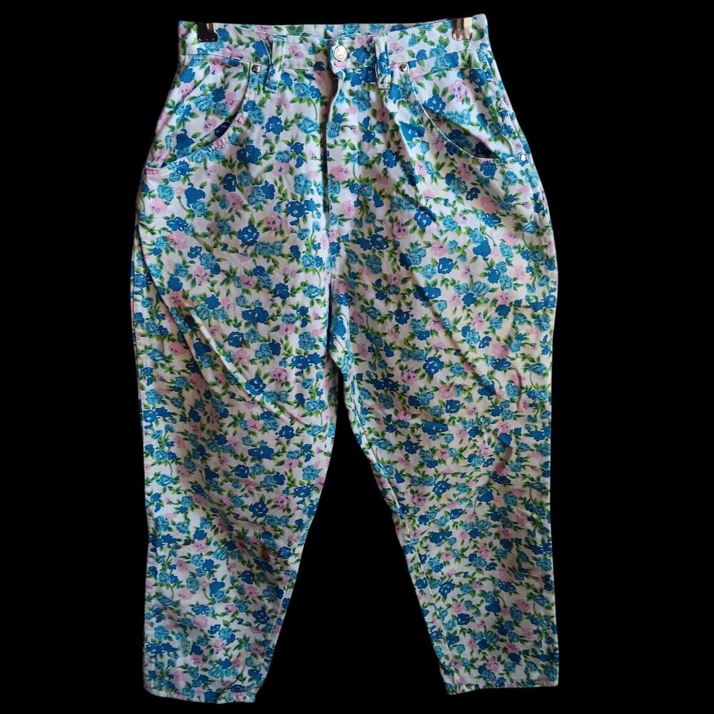 ROCKABILLY JEANS 22x23 True Vtg 60s Womens BLUE FLORAL PRINT SHABBY PEDAL PUSHER